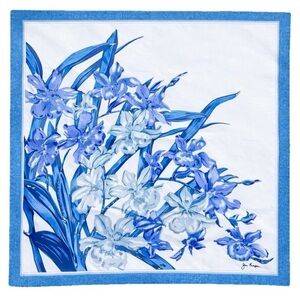 Vintage Jim Thompson Silk Scarf Blue Floral Botanical Thailand Large 46” Square